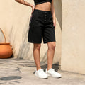 black washed jeans women's volleyball button straight-leg pants casualeasiest for match back pocket embroidered half length pants