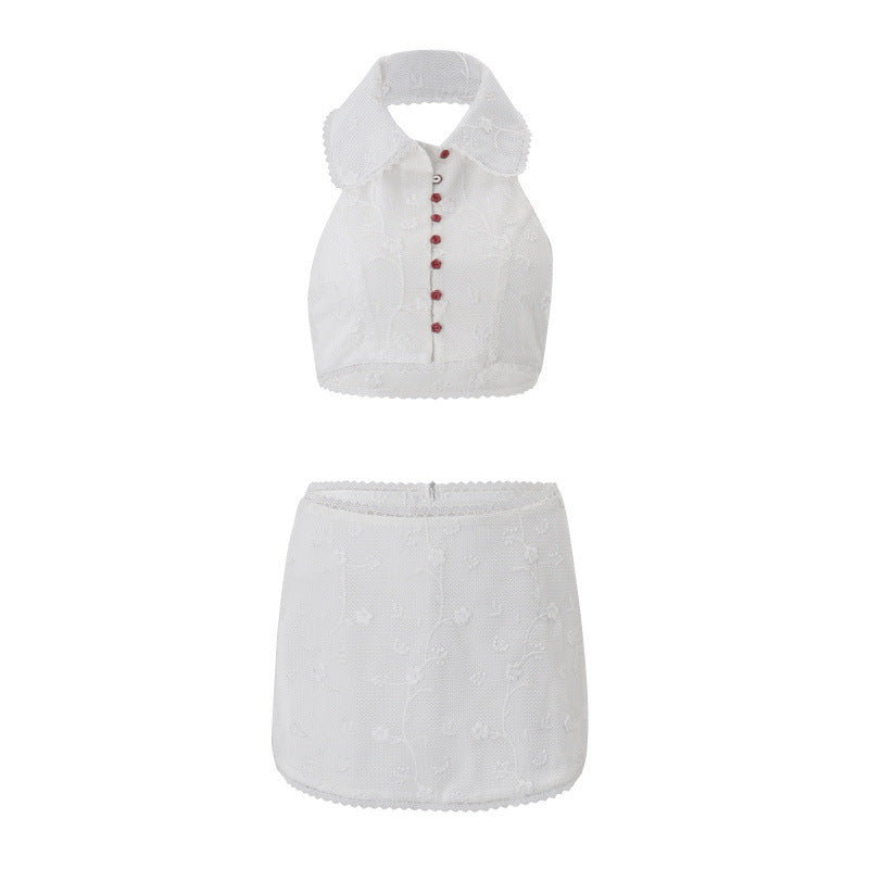 European and american women's clothing  summer new fashion: lapel cardigan, button-down halter crop top, and slim-fit mini skirt set