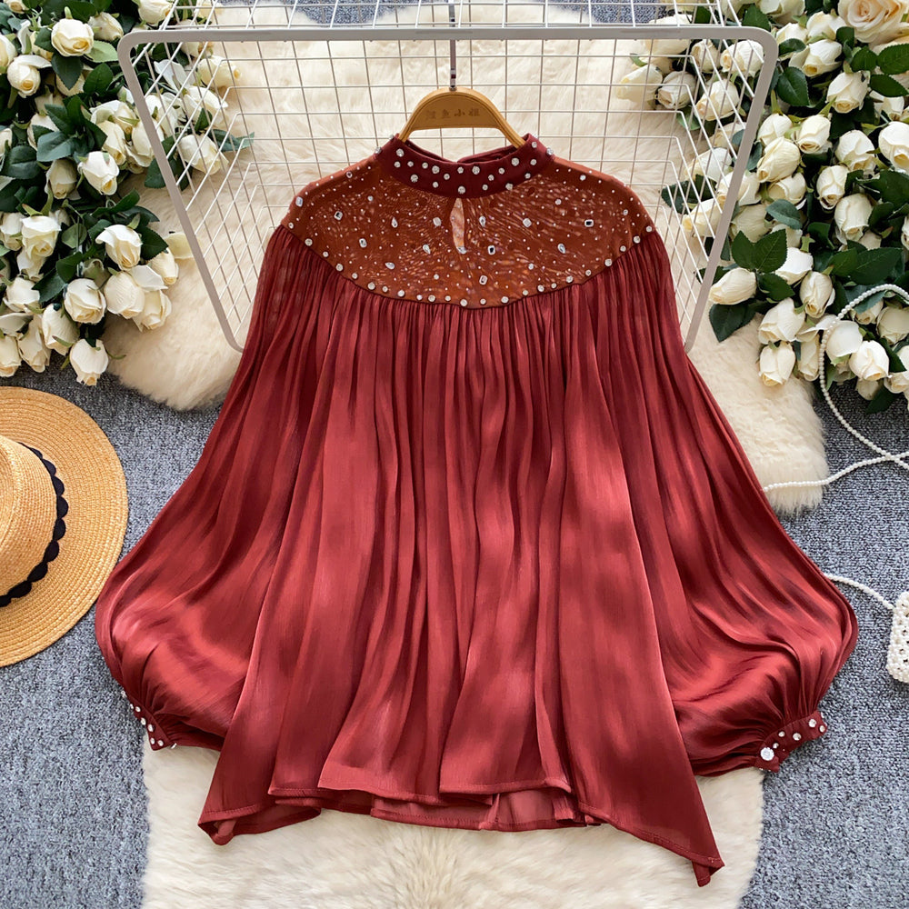 Accessible luxuryeleganceclassy sense of nails and diamonds mesh patchwork lantern sleeves streamer shirt women's autumlooseslimming look bottom shirt