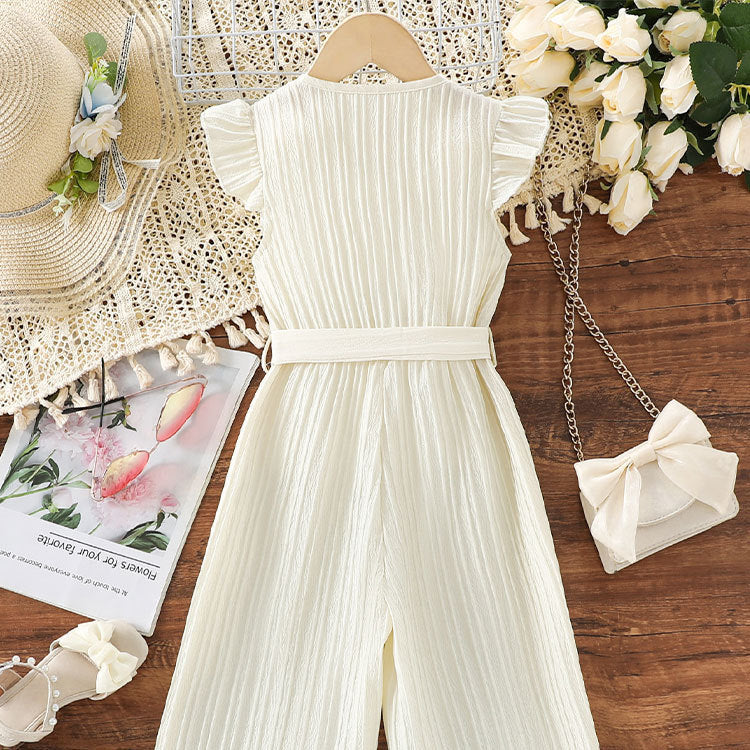 Girls' sleeveless romper dress with lace trim, chanel-inspired cinched waist, striped detail, and belted premium autumn jumpsuit pants