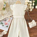 Girls' sleeveless romper dress with lace trim, chanel-inspired cinched waist, striped detail, and belted premium autumn jumpsuit pants