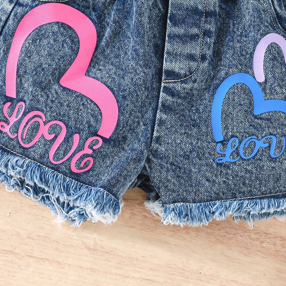 new girls' ruffle trim one-shoulder cami top + heart print denim shorts set