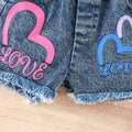 new girls' ruffle trim one-shoulder cami top + heart print denim shorts set