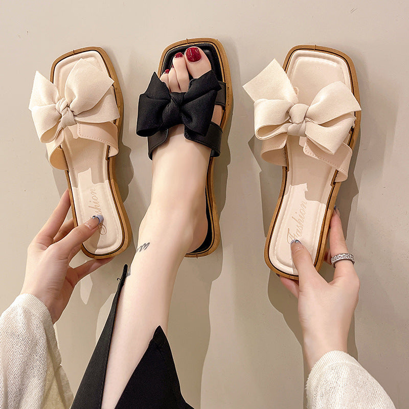 2024 new bowknot slippers - outdoor wear, one-strap sandals, summer fairy style, flat sandals, casual versatile slippers for women