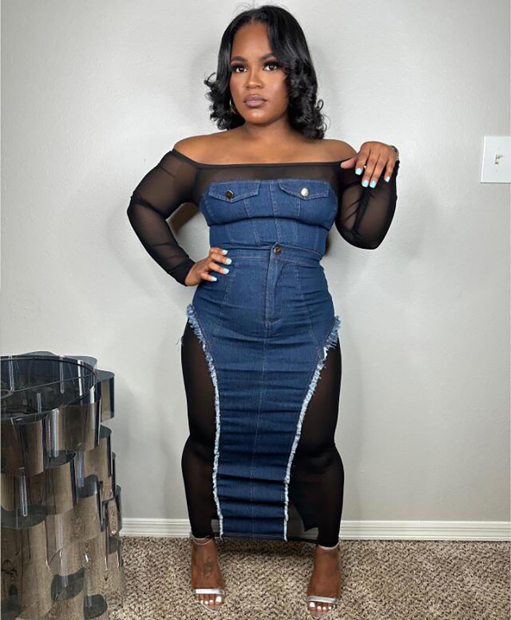 European and american cross-border women's fashion  autumn new sexy hot girl mesh see-through top denim bodycon skirt set
