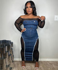 European and american cross-border women's fashion  autumn new sexy hot girl mesh see-through top denim bodycon skirt set