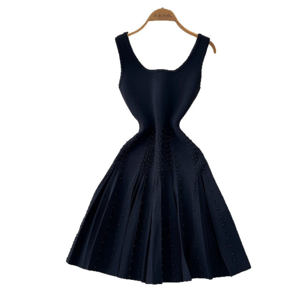 French chic sleeveless a-line knit dress - women's summer korean style high waist slimming elegant work dress