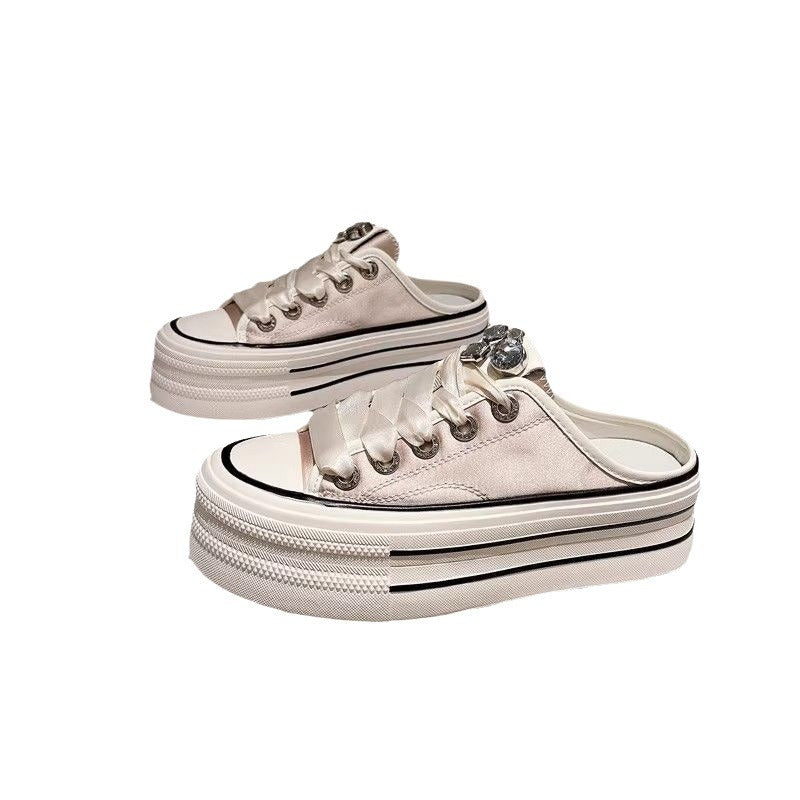 Xiaobai half slippers 2024 new summer super fire rhinestone satin surface lazy thick bottom versatile bag head slippers women