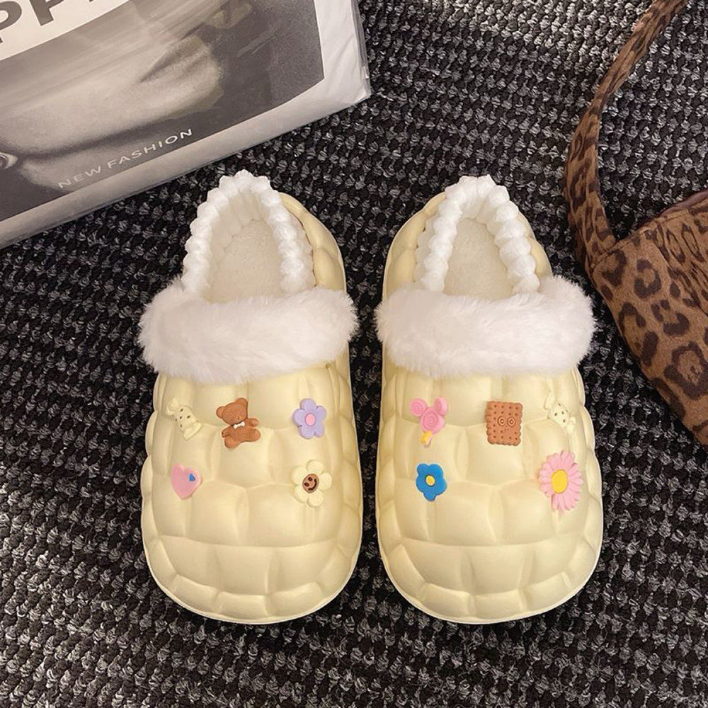 2025 women's winter slippers: cute cartoon design, thick sole, fleece lined, non-slip, wear-resistant, warm, detachable waterproof cotton shoes