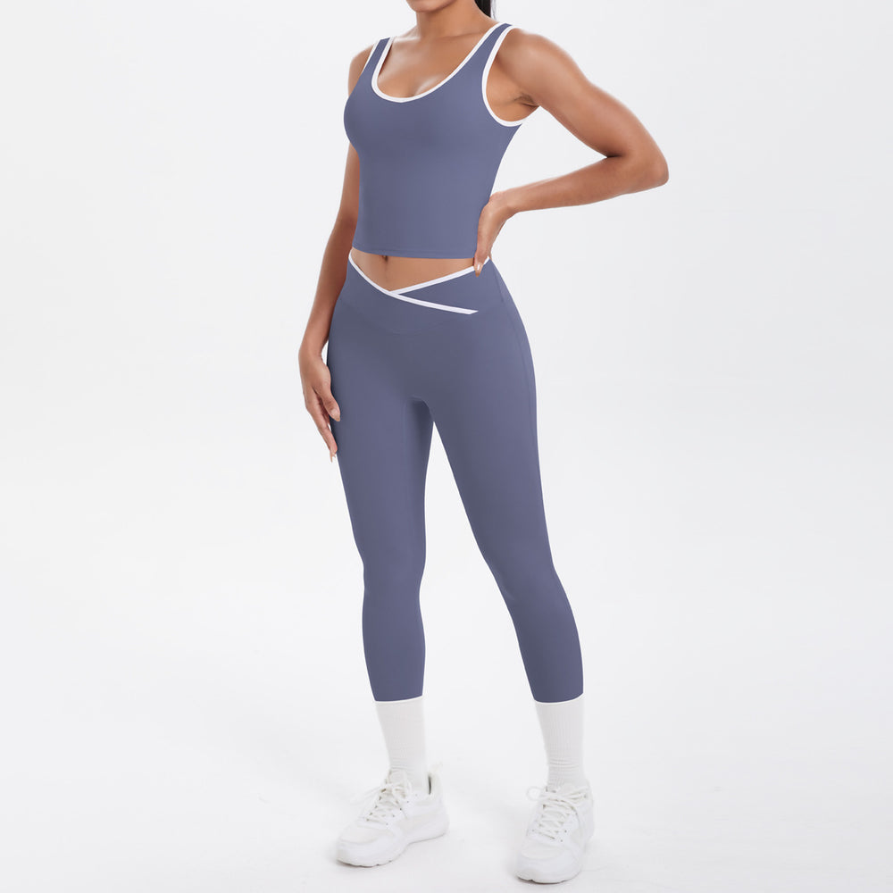 new arrival: double-sided brushed fleece color block compression yoga set - breathable, cross-back design, perfect for running and fitness (two-piece set)