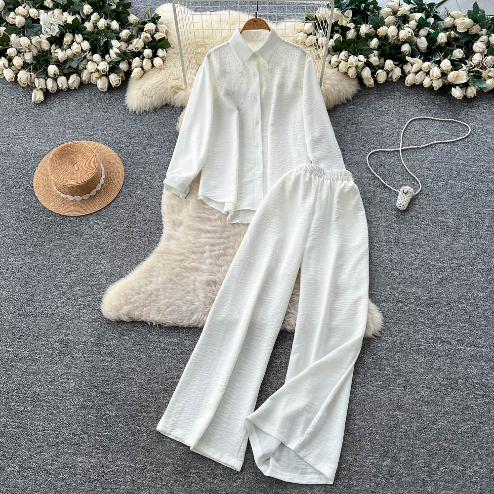Light mature style two-piece set women's  autumn wear elegantcasuallooseasymmetricallong sleevesshirthigh waistloose pants