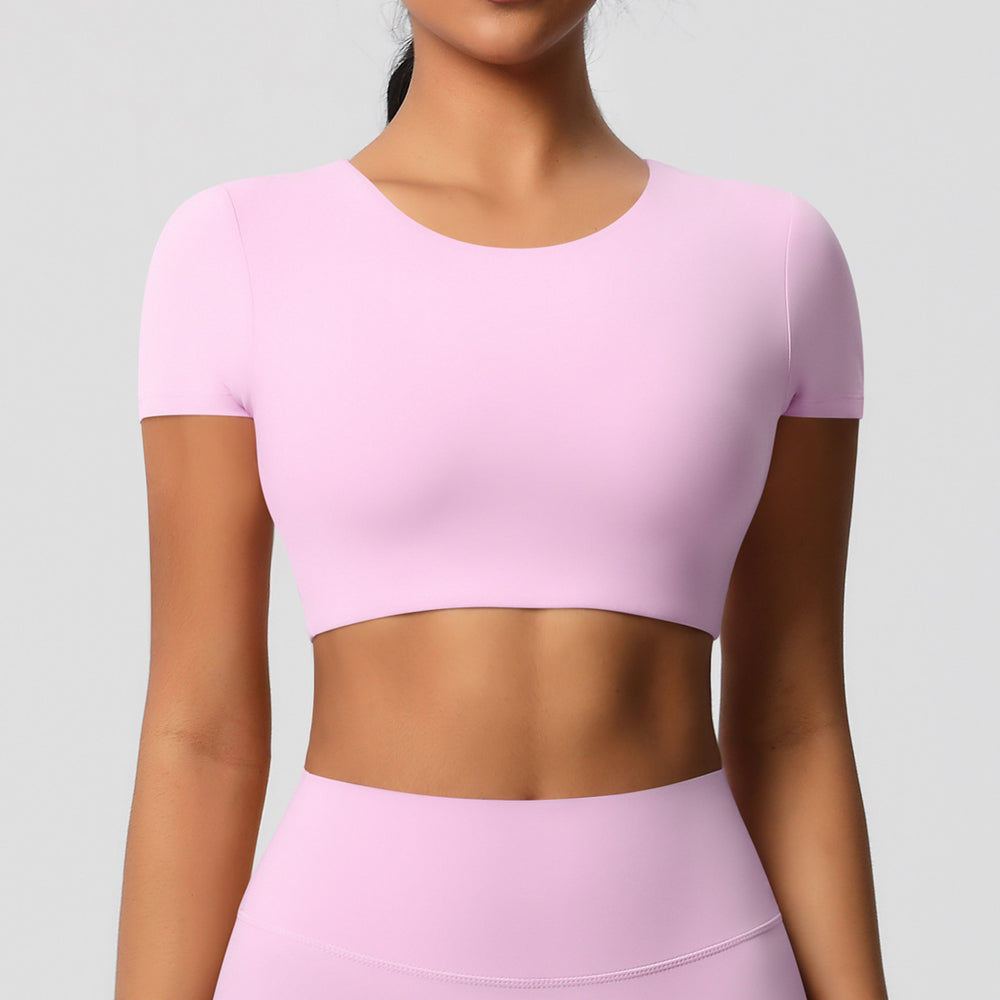 Ready-to-ship, cross-border, double-sided brushed, built-in bra, form-fitting, short-sleeve yoga top, pilates, running, and workout t-shirt for women