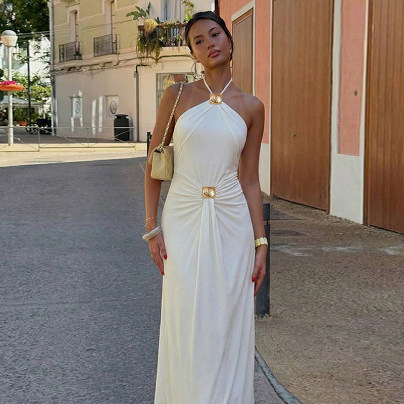 European and american style women's clothing  spring/summer new fashion solid color sleeveless halter neck slim fit waist sexy backless dress