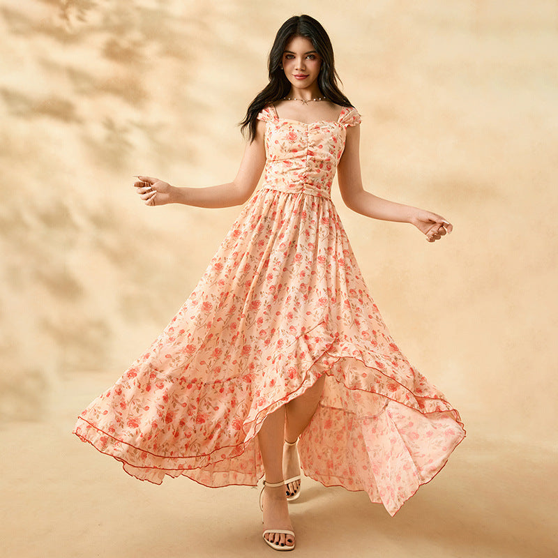 European and american cross-border youth summer new fashion asymmetrical neck irregular dress vacation style floral maxi dress women's clothing
