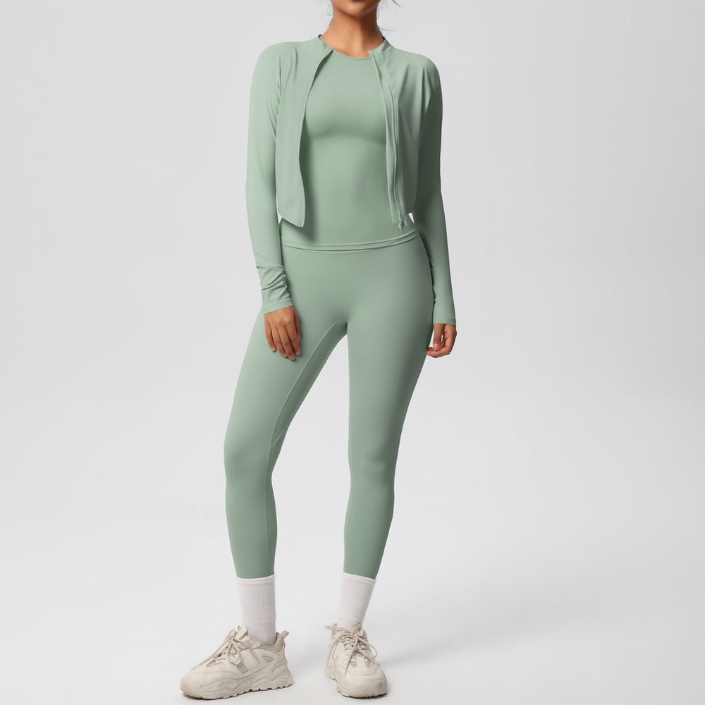 Ready-to-ship cross-border double-sided brushed microfiber seamless, breathable, and skin-friendly three-piece activewear set for women, perfect for running, fitness, and yoga