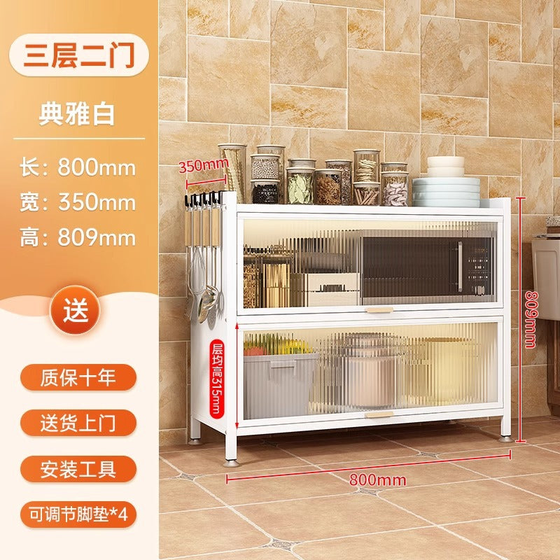 Kitchen thickened carbon steel storage rack floor-standing multi-layer dust-proof storage cabinet microwave oven with door multi-functional storage cabinet
