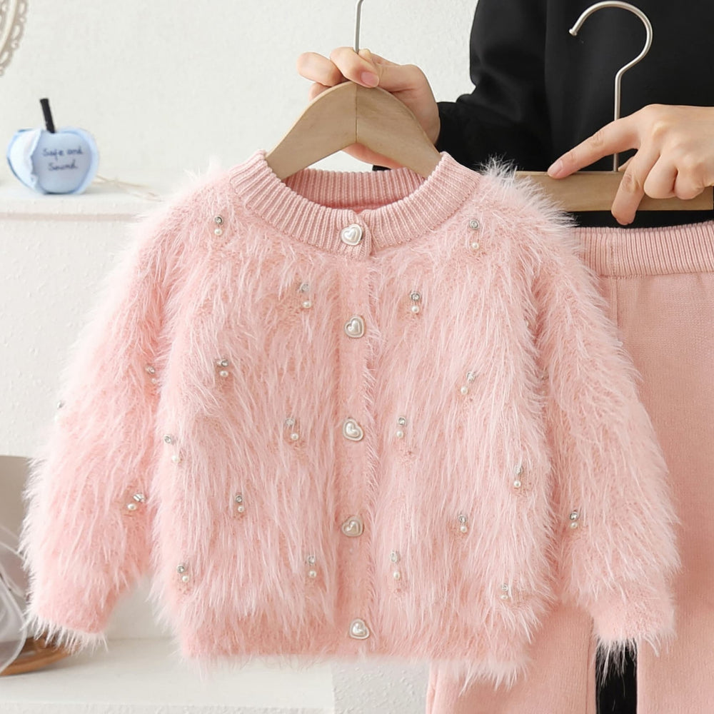 Girls' sweater set - new autumn/winter korean style baby girl solid color fuzzy beaded cardigan knit pants two-piece outfit