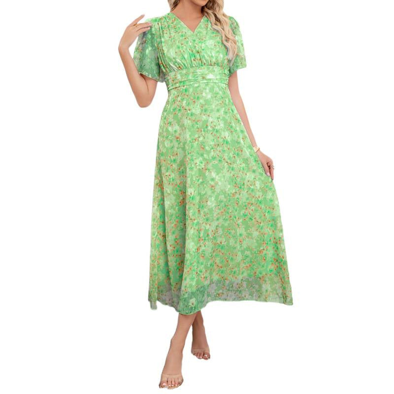 cross-border code new arrival  original women's elegant v-neck printed fitted dress