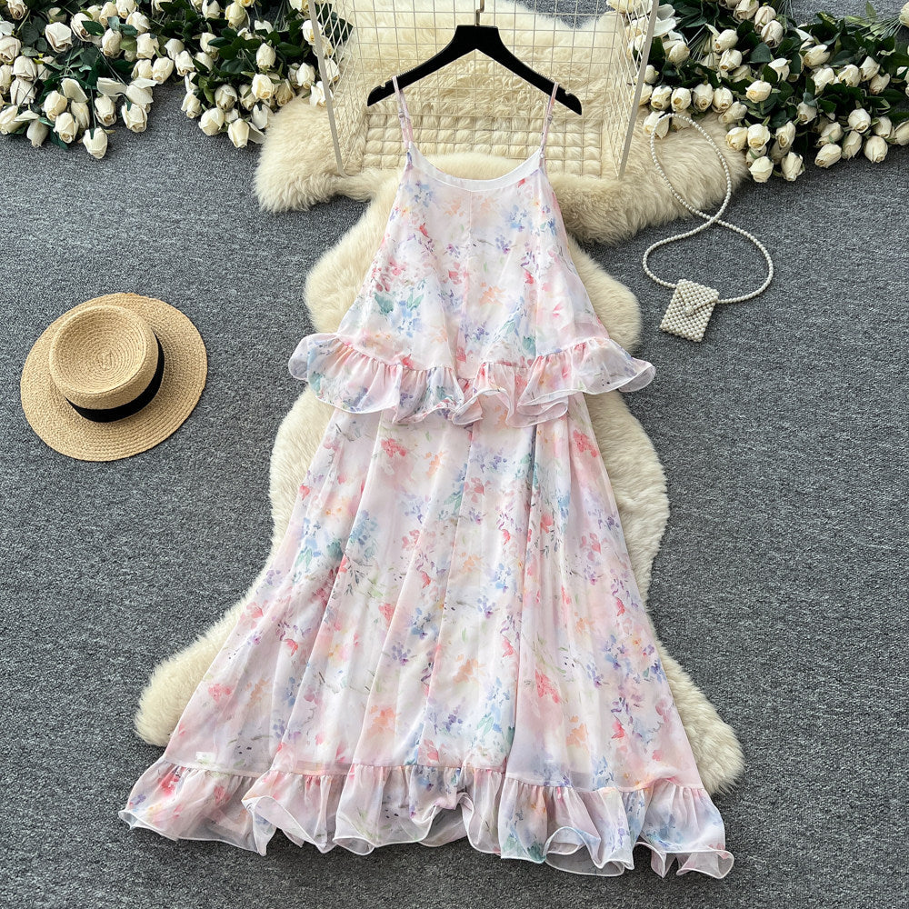 French riviera floral dress - women's summer sleeveless ruffle trim slimming maxi dress