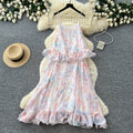 French riviera floral dress - women's summer sleeveless ruffle trim slimming maxi dress