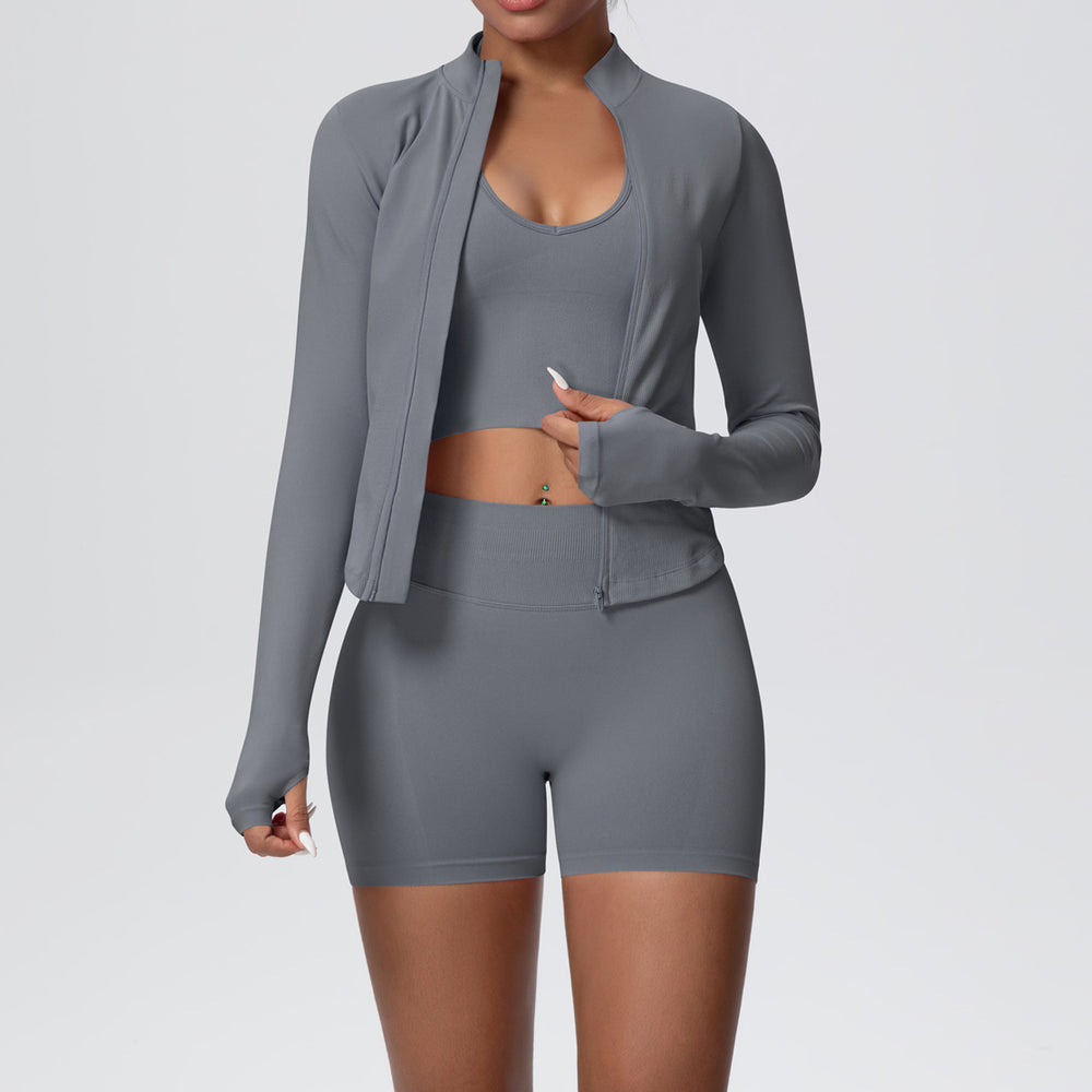 European and american seamless solid color knitted yoga outfit, outdoor casual quick-dry compression sportswear set, running fitness three-piece set