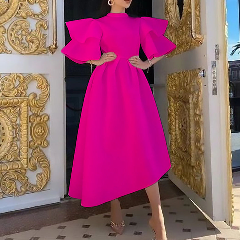 Q065 cross-border women's fashion   summer new arrival double-layer ruffle sleeve solid color maxi dress - european and american style