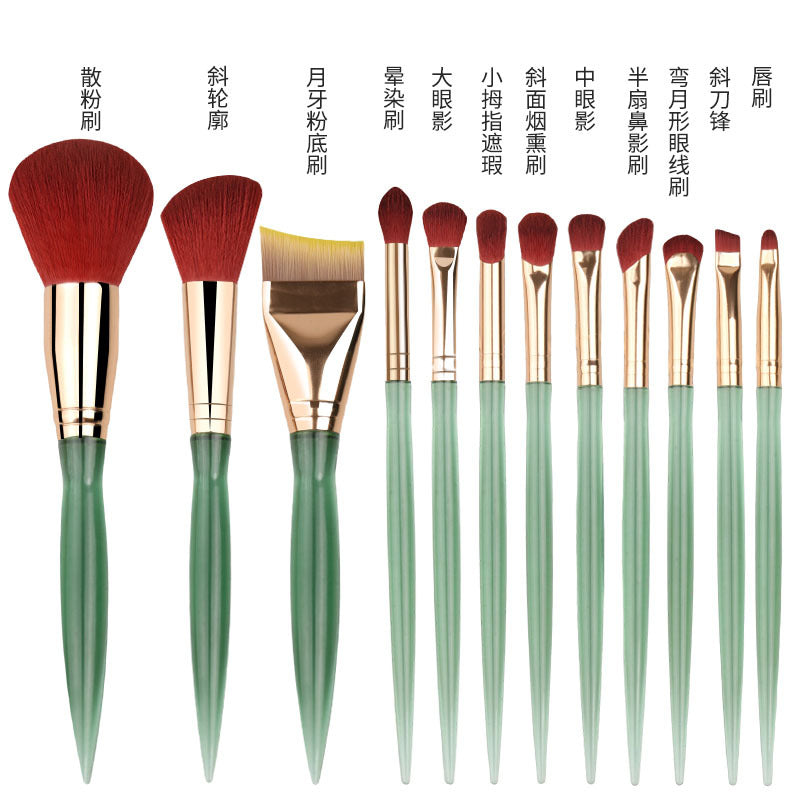 makeup brush set, 12-piece, featuring soft bristles, including a foundation brush, angled contour brush, and a complete set of makeup brushes