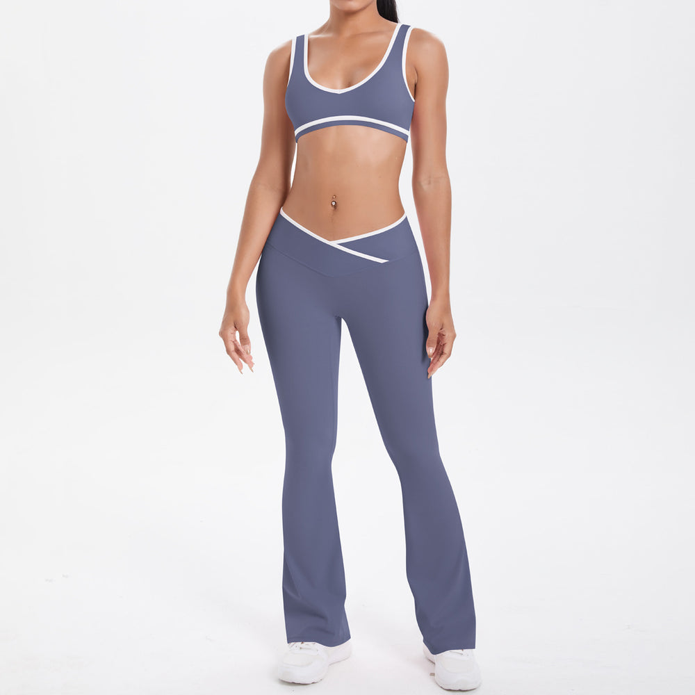 New arrival cross-border double-sided brushed contrast color tight breathable cross wide-leg yoga suit sports running fitness women