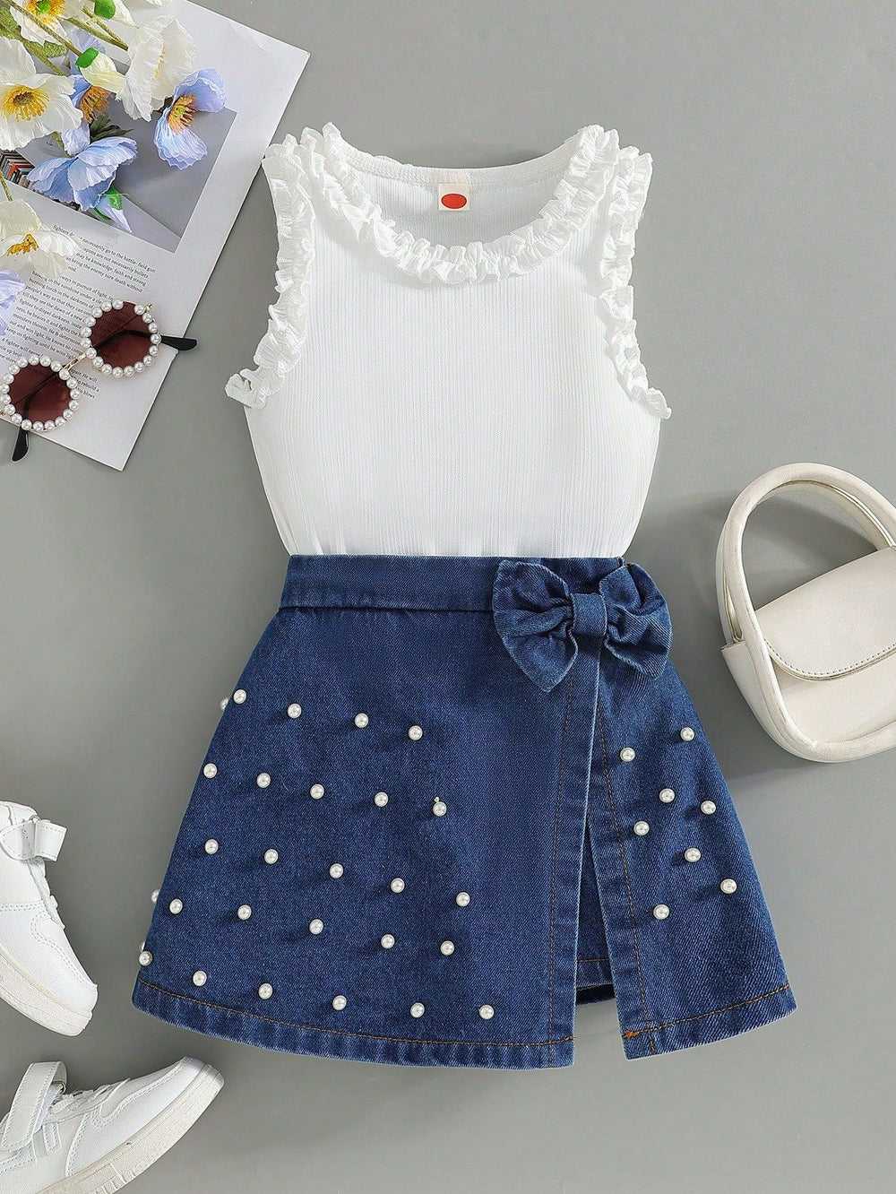 new summer cross-border ruffle trim crew neck top & heavy-duty denim beaded skort set (two-piece)