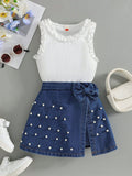 new summer cross-border ruffle trim crew neck top & heavy-duty denim beaded skort set (two-piece)