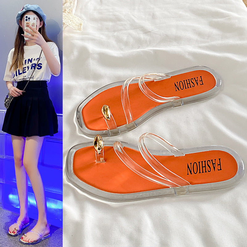 New gold buckle crystal thong sandals - women's summer outdoor wear, trendy, versatile, and non-slip crystal jelly slippers