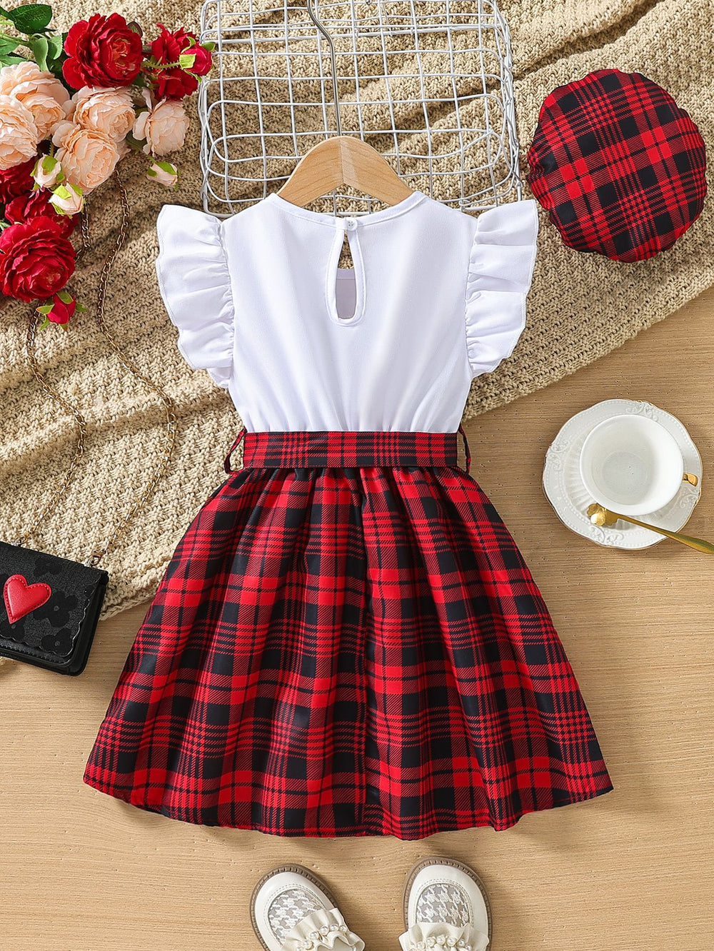 hot-selling girls' flutter sleeve crewneck plaid patchwork dress - cross-border exclusive