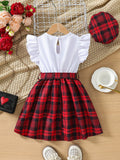 hot-selling girls' flutter sleeve crewneck plaid patchwork dress - cross-border exclusive