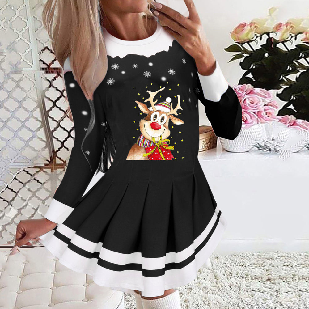 2025 european and american cross-border women's autumn/winter new collection: round neck long sleeve pleated casual party dress