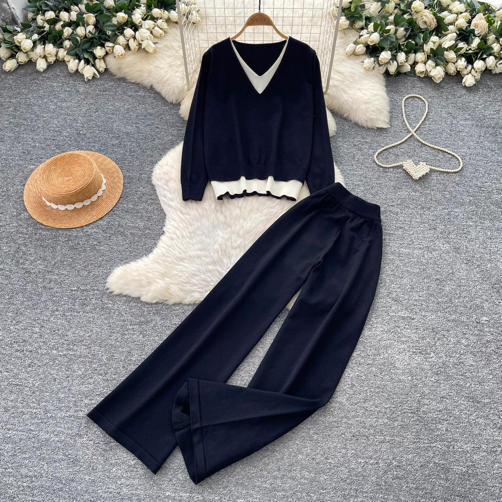Commuting style long sleevespatchworkv neckknitting shirttwo-piece setfemale autumslimslimming lookloose pantslazysuit light and mature