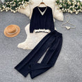 Commuting style long sleevespatchworkv neckknitting shirttwo-piece setfemale autumslimslimming lookloose pantslazysuit light and mature