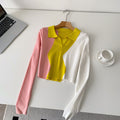 Niche stylesense of designretrofashion color matching polo collar long sleevesknitting shirt women's autumslimslimming lookshorttops