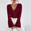 new  cross-border women's european and american v-neck flared sleeve burgundy t-shirt - spring/summer slim-fit base layer top