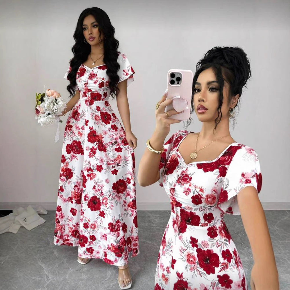European and american cross-border  summer new print dress - slimming, waist-defining, valentine's day beach vacation maxi dress