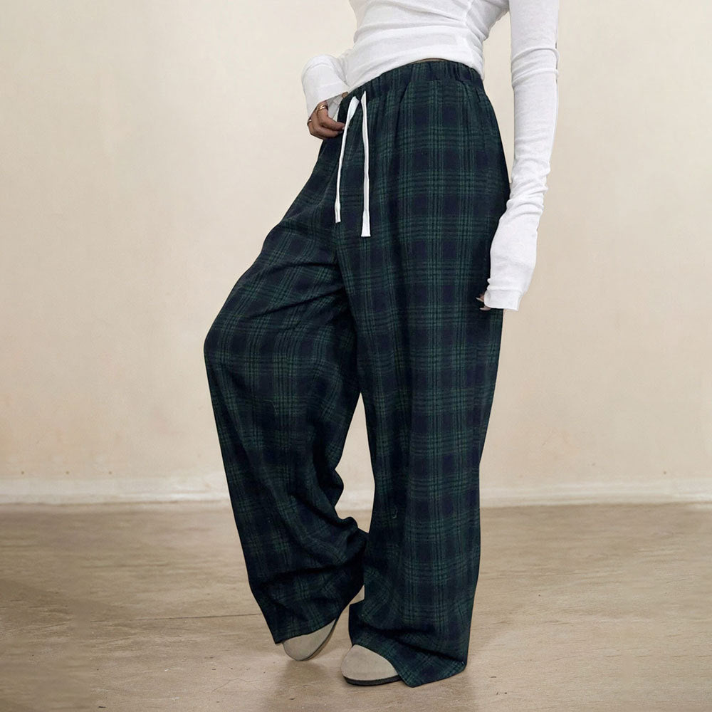 cross-border e-commerce european and american style versatile casual plaid trousers - spring/summer elastic waist casual pants