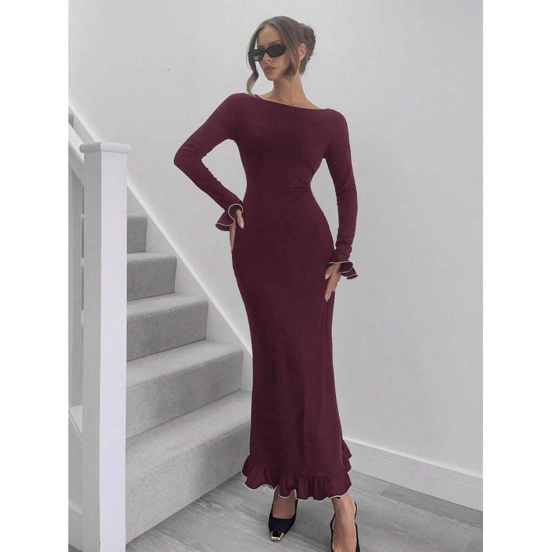 fashionautumelegancesilm round neck bell sleeves fishtail skirt ruffleslongdress