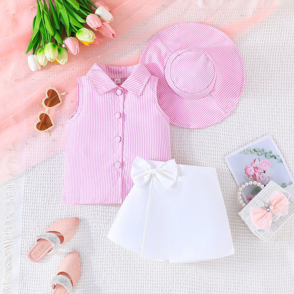 european and american hot-selling new girls' fashion striped top + skirt + hat three-piece set - cross-border hot item