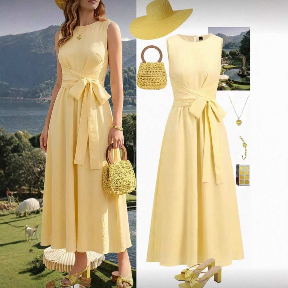 Women's light yellow elegant summer tropical resort tea dress - textured fabric, round neck, tie-waist, a-line silhouette