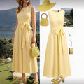Women's light yellow elegant summer tropical resort tea dress - textured fabric, round neck, tie-waist, a-line silhouette