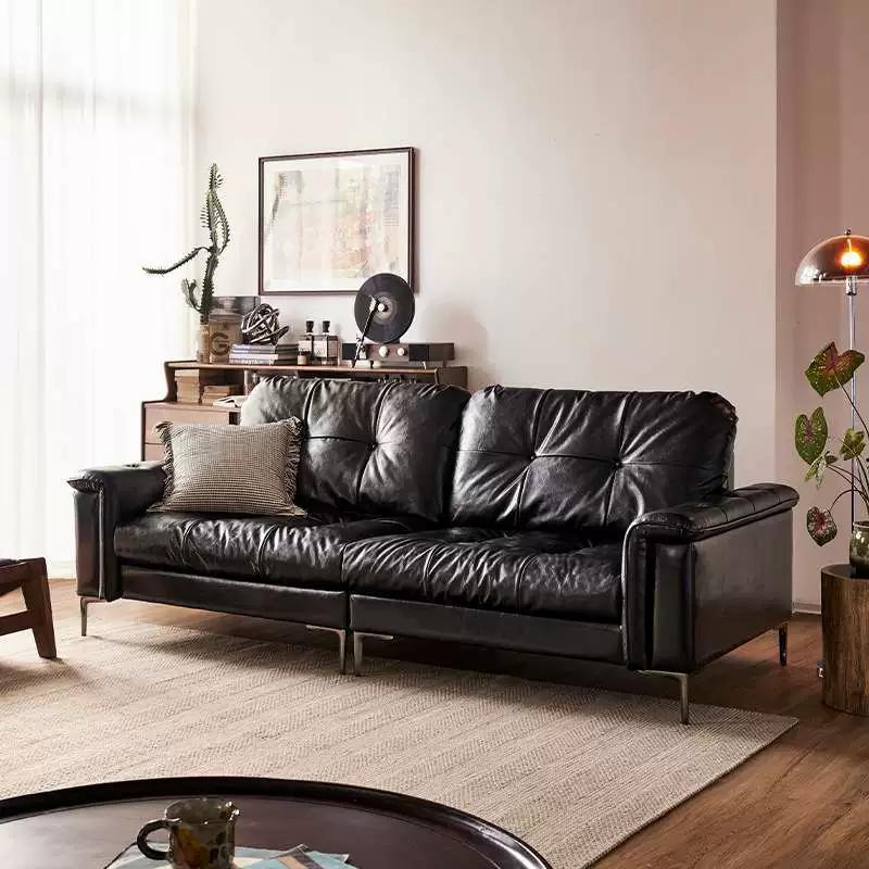 Nebula sofa, glossy black oil wax leather, high-back, small apartment, retro, vintage, southeast asian style
