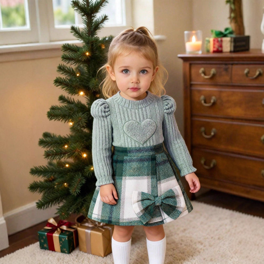 Fashion style spring & fall clothing cross-border girl's pit strip knitting bottom pullover shirt plaid skirt tweed style gridsuit