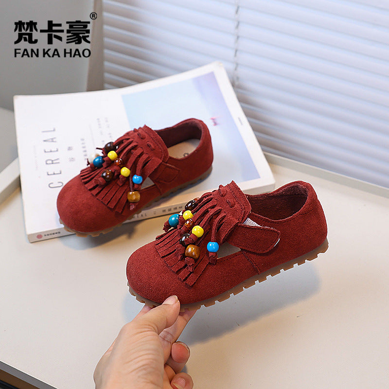 Vancahao kids' tassel birkenstock shoes - new autumn  korean style girls' fashionable colorful beaded casual single shoes