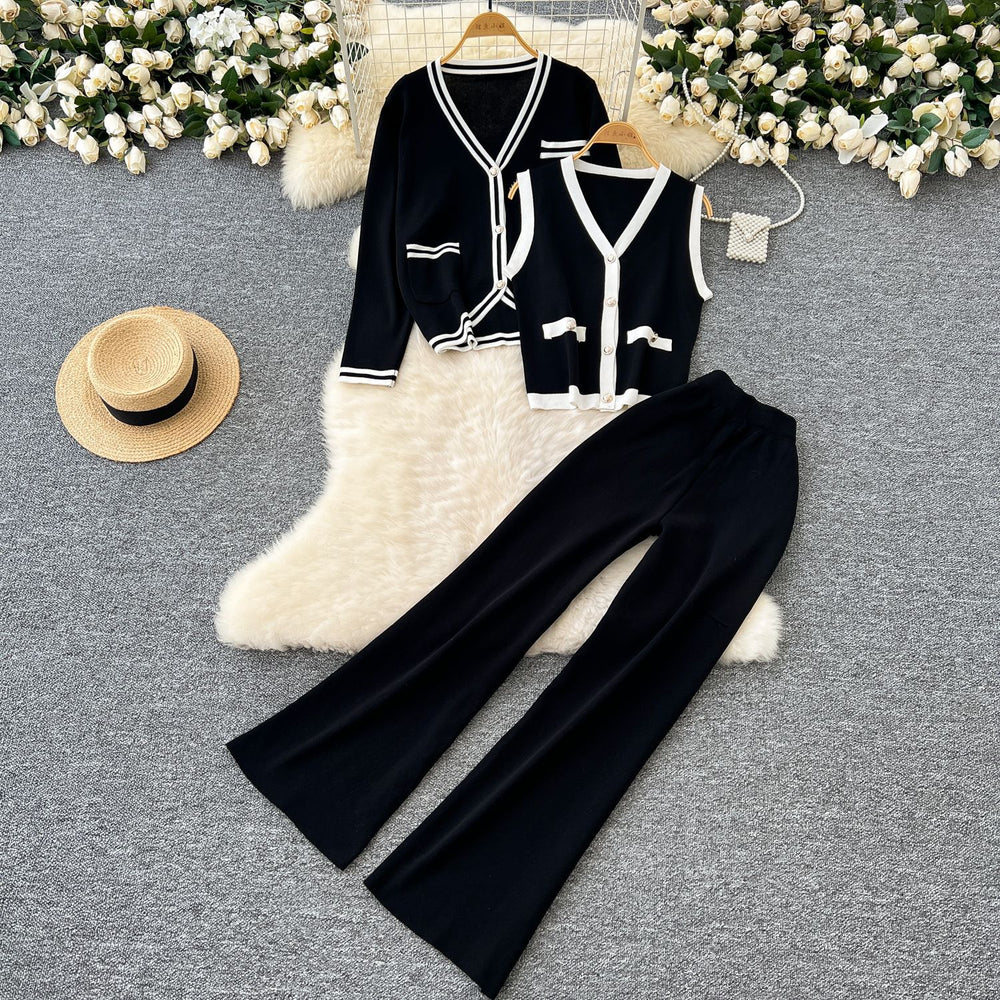 Xiaoxiangfeng age-reducing suit women's retrocontrast colorv neck sleeveless vest + long sleevesknittingoutwear + loose pants