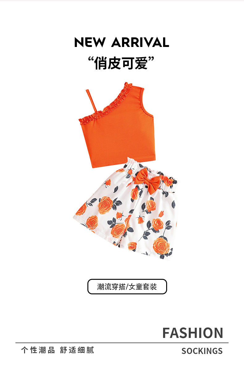 girls' one-shoulder cami set - orange top with lace collar and rose pattern, summer two-piece outfit for kids