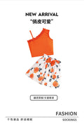 girls' one-shoulder cami set - orange top with lace collar and rose pattern, summer two-piece outfit for kids